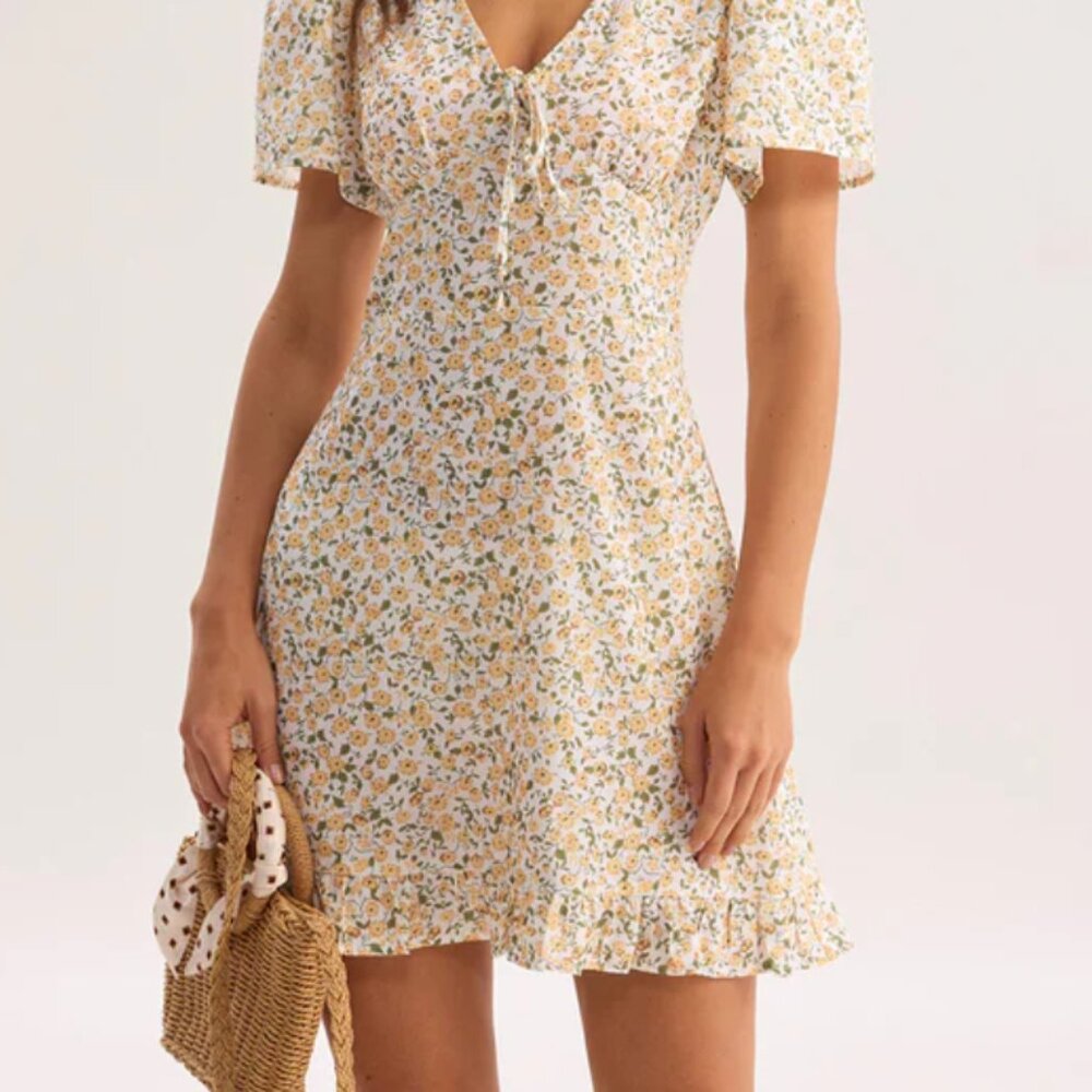 RIHOAS Yellow Floral V-Neck Mini Dress XL